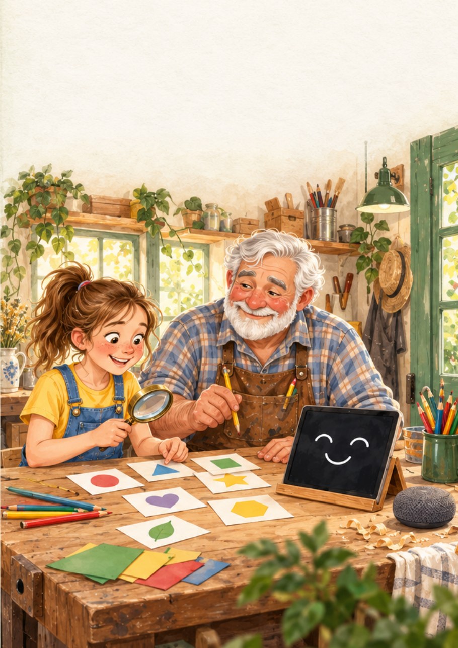 Vorschau auf die Spielwelt: Mia und Opa Jupp mit der Faktenlupe an der Hobelbank neben Tünnes
